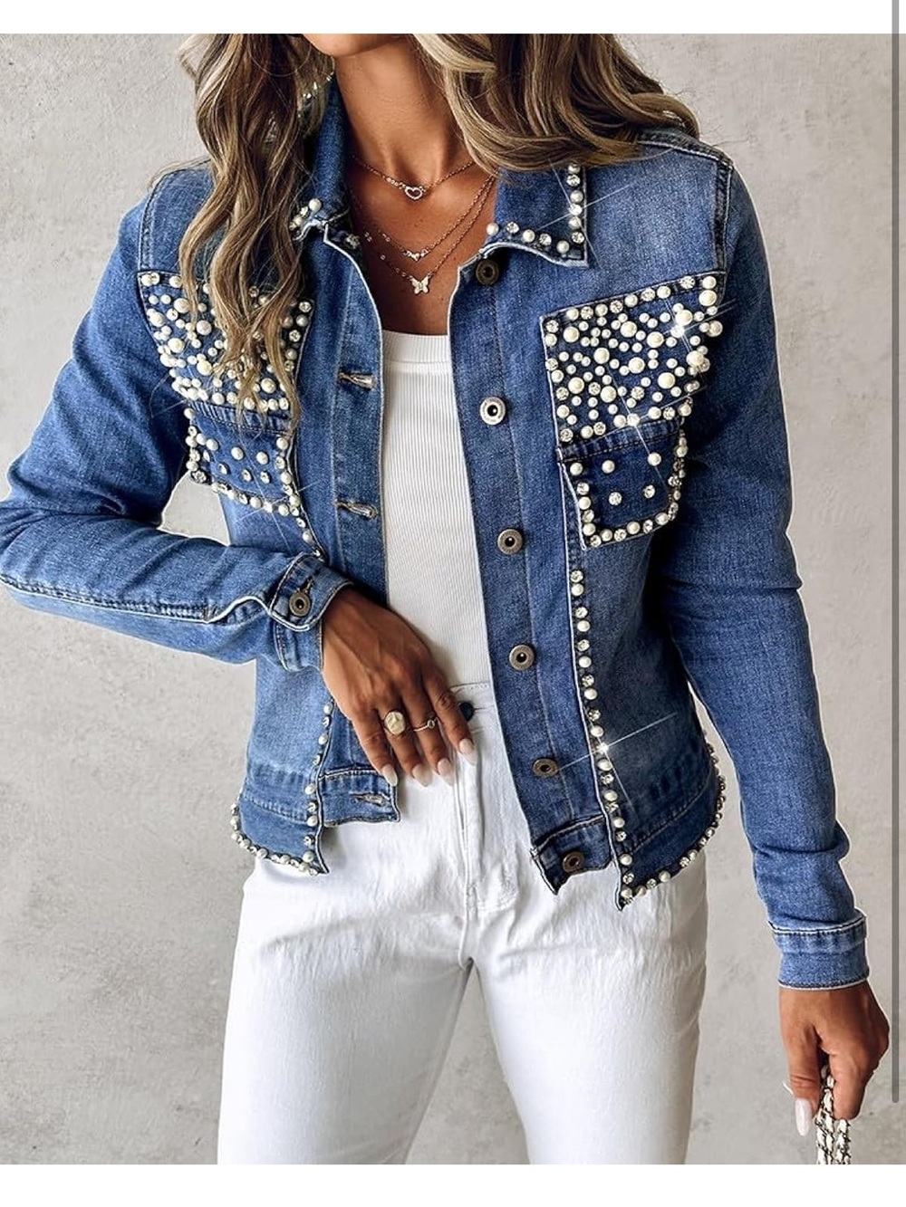 Denim Pearl Embellished Jean Jacket - Blue - Picture 4 of 5